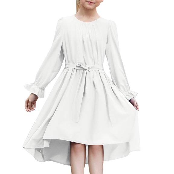 TAIAOJING Toddler Girls Long Sleeve Dress Stylish Flowy Semi Formal Party Dress With Belt Classic 10-11Y