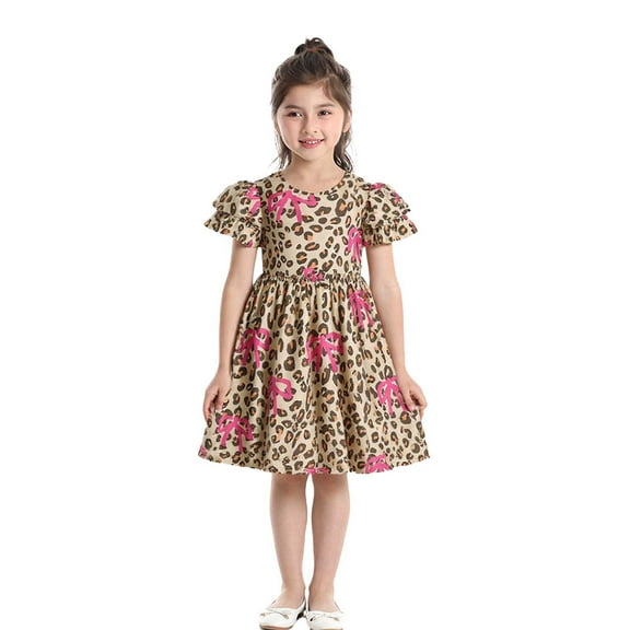 TAIAOJING Toddler Girls Short Sleeve Holiday Leopard Print Dress Dance Party Dresses Boho Beach Casual Birthday Sundress Breathable 5-6Y