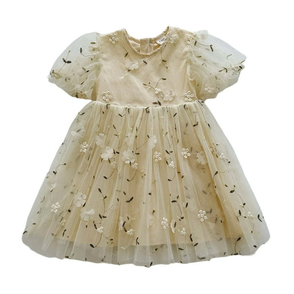 TAIAOJING Toddler Girls Short Sleeves Embroider Princess Dress Dance Party Floral Dresses Boho Beach Casual Birthday Sundress Trendy 4-5Y