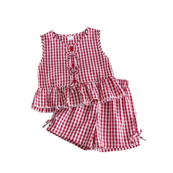TAIAOJING Toddler Girls Sleeveless Plaid Prints Vest Tops T-Shirt Bowknot Shorts Outfits Sets Breathable 6-7Y