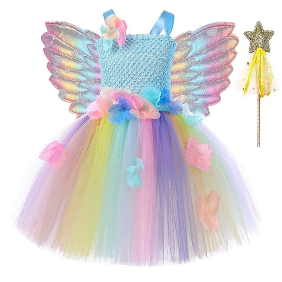 TAIAOJING Toddler Girls Sleeveless Spaghetti Dance Party Princess Dresses Beach Casual Birthday Boho Sundress Wand Headband Wing Set Trendy 7-8Y