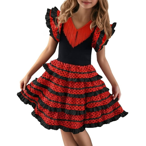 TAIAOJING Toddler Girls Spanish Dance Dress Dance Dress Ballet Dress For Children Breathable 4-5Y