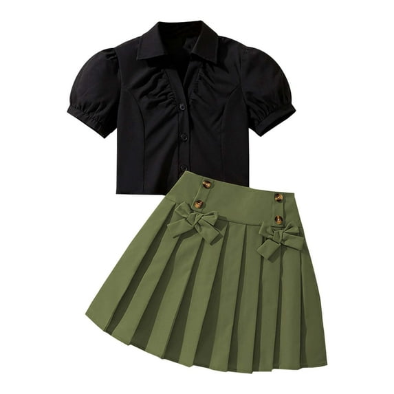 TAIAOJING Toddler Girls Summer Short Sleeve Shirt With Bow And Pleated Skirt Set For Big Kids Elegant Two Piece Outfits Sets For Kids Breathable 12Y