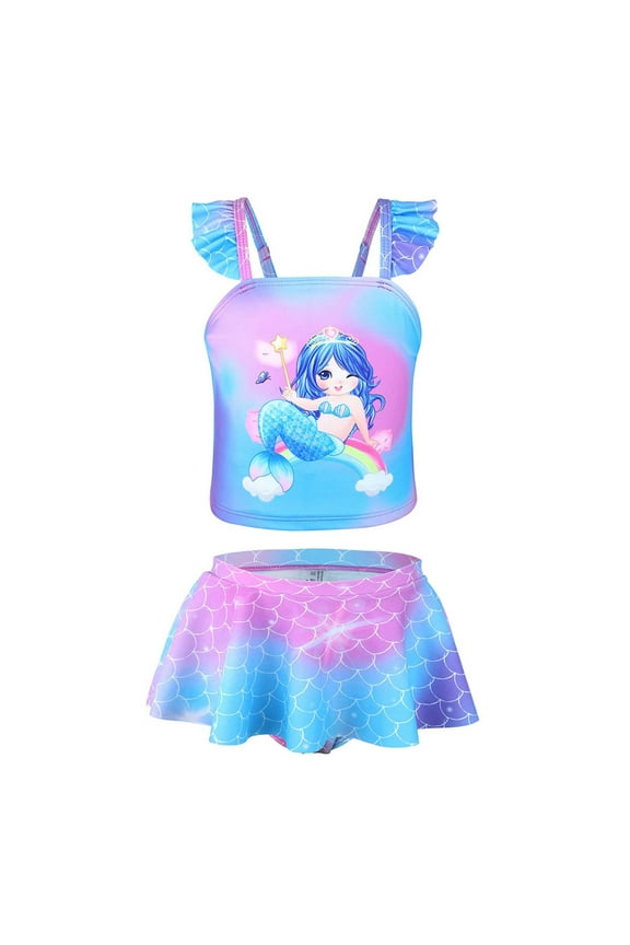 Toddler Girls Two Piece Princess Swimsuit Summer Pool Hawaii Tropical Beachwear Set Fish Scale Print Swim Tops & Skirt For Summer Beach Cozy 6-7Y