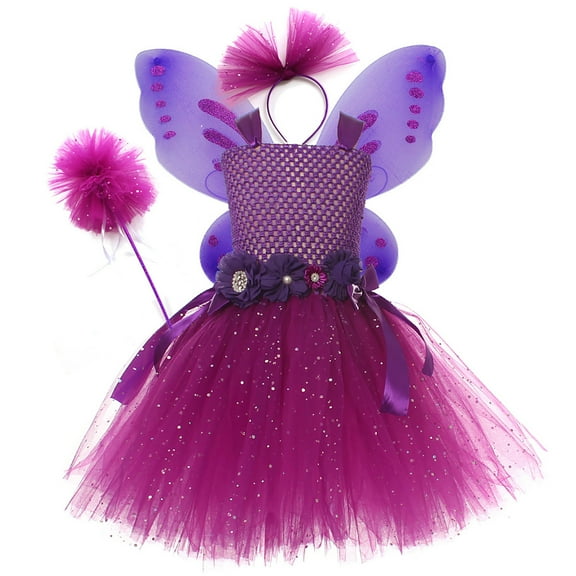 TAIAOJING Toddler Hallowmas Girls Princess Dress Tutu Mesh Dress With Wing Fairy Wand Headwear 4pcs Sets Performance