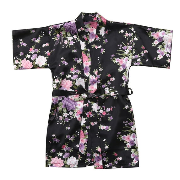 TAIAOJING Kids Girl's Satin Silky Kimono Robe for Spa Toddler Baby Floral Silk Satin Kimono Robes Bathrobe Sleepwear Coat 7-8 Years