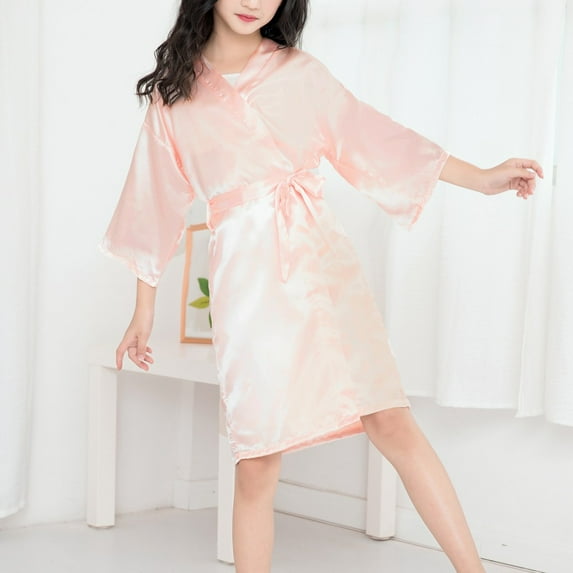 TAIAOJING Toddler Jacket Satin Robes Silk Sleepwear Kimono Baby Kids Girls Clothes Solid Bathrobe Girls Coat Outwear 4-5 Years
