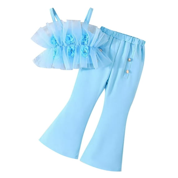 TAIAOJING Toddler Kids Baby Girls 2PCS Outfits Sets Strap Sleeveless Flower Tops And Elastic High Waisted Flared Pants Outfits Sets Trendy 6-7Y