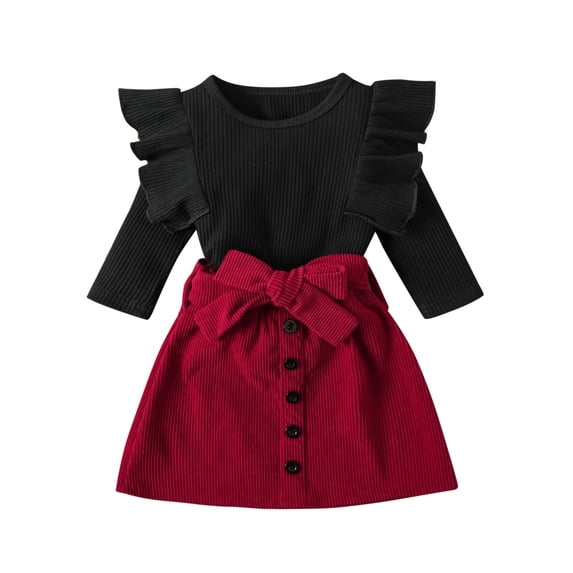 TAIAOJING Toddler Kids Baby Girls Fashion Skirt Outfits Ribbed T Shirt Tops Button Mini Skirts Set 2Pcs Clothes Set 2-3 Years