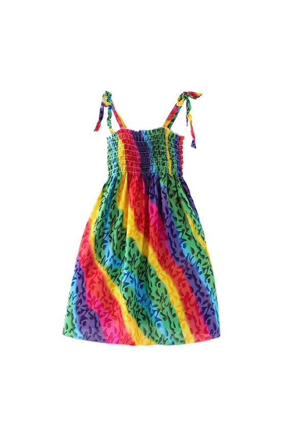 Toddler Kids Girls Floral Bohemian Rainbow Flowers Sleeveless Beach Straps Dress Princess Clothes For 7-8 Years
