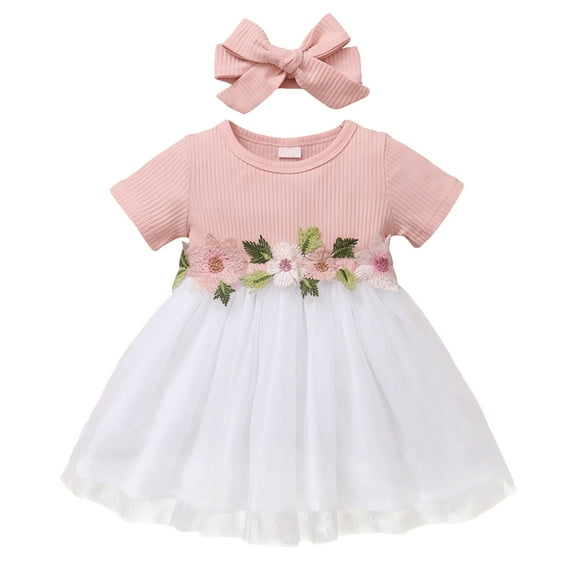 TAIAOJING Toddler Kids Girls Floral Ribbed Short Sleeve Mesh Embroidered Tulle Ball Gown Hairband Dress Princess Set Clothes For 9-12 Months