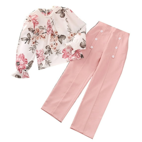 TAIAOJING Toddler Kids Girls Long Ruffled Sleeve Flower Print Tops Solid Pants Outfits Set 2PCS 9-10 Years