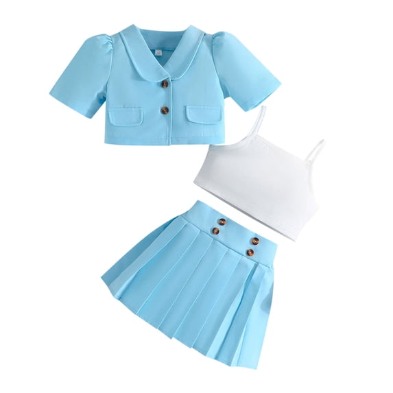TAIAOJING Toddler Baby Girls Summer Outfits Kids Girls Clothes Solid Short Sleeve Coat Suit Camisole Crop Tops Skirt Outfits 3Pcs Set For 3-4 Years