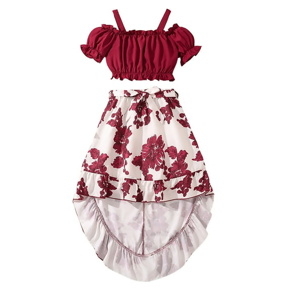 TAIAOJING Toddler Little Child Big Kids Girls One Shoulder Short Sleeve Tops Pleated Long Skirt Summer Fashion Suit Outfits Sets Fashionable 5-6Y