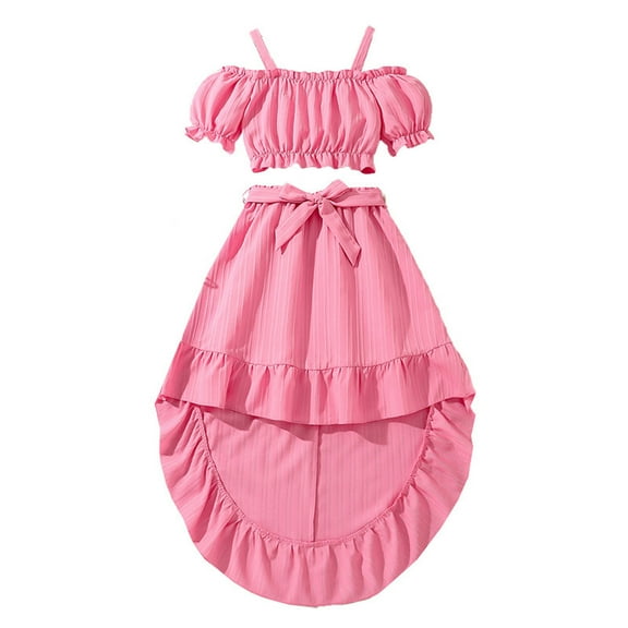 TAIAOJING Toddler Little Child Big Kids Girls One Shoulder Short Sleeve Tops Pleated Long Skirt Summer Fashion Suit Outfits Sets Soft 5-6Y