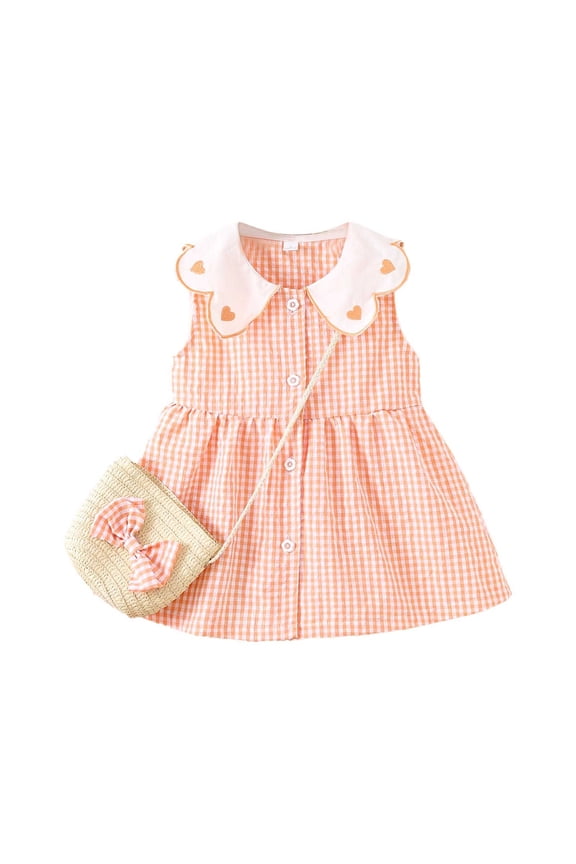 Toddler Little Girl Collar Pattern Dress Sleeveless Sun Skirt Plaid Dress Thin Skirt With Bag Classic 2-3Y