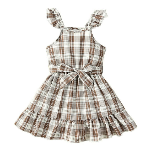 TAIAOJING Toddler Little Girls Dress Summer Plaid Skirt Patchwork Ruffled Sleeveless Dress Fashionable 2-3Y