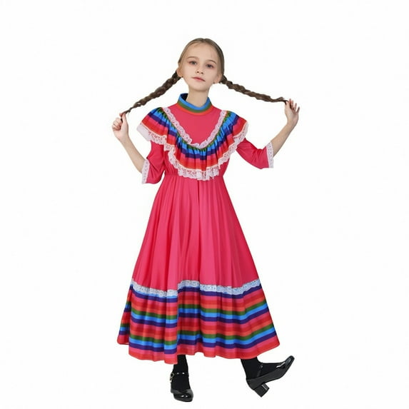 TAIAOJING Toddler Mexican Girl Long Sleeve Multicolor Princess Dress Dance Party Dresses Boho Beach Casual Birthday Sundress Holiday 9-10Y