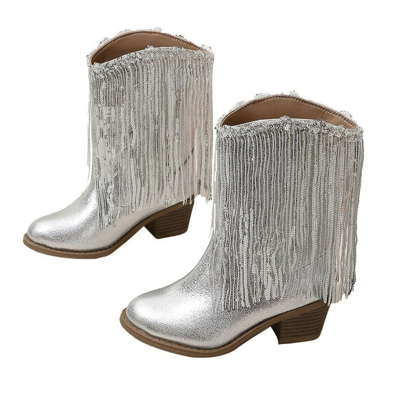 TAIAOJING Toddler Shoes 2025 Girls New Solid Color Leather Fashion Children Western Cowboy Boots Spring Casual Kids Tassel Boots Comfort Footwear 11-11.5 Years