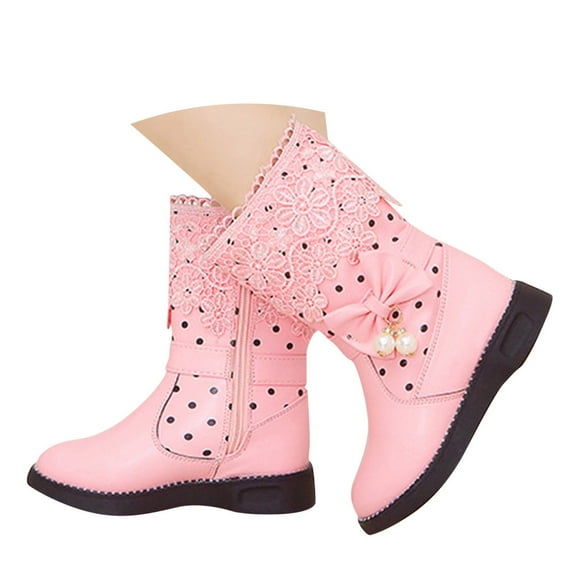 TAIAOJING Toddler Shoes Girls Winter Solid Color Polka Dot Lace Mid Calf Boots For Warm Comfort Breathable Footwear 5.5-6 Years