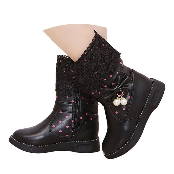 TAIAOJING Toddler Shoes Girls Winter Solid Color Polka Dot Lace Mid Calf Boots For Warm Comfort Stylish Footwear 7-8 Years