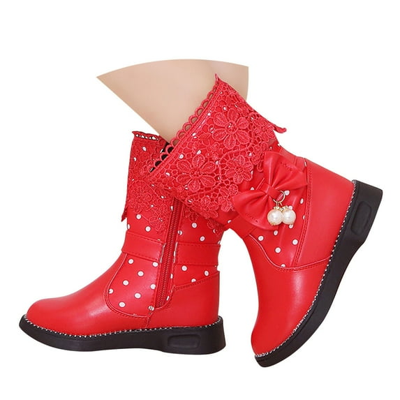 TAIAOJING Toddler Shoes Girls Winter Solid Color Polka Dot Lace Mid Calf Boots For Warm Comfort Trendy Footwear 10-10.5 Years