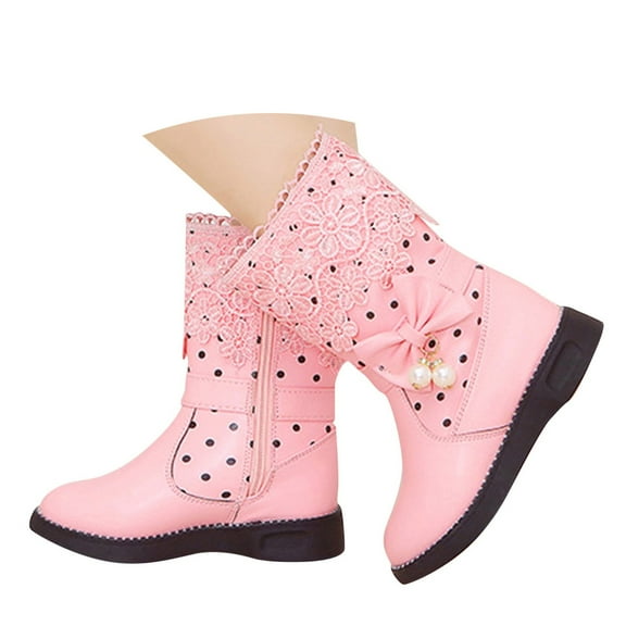 TAIAOJING Toddler Shoes Girls Winter Solid Color Polka Dot Lace Mid Calf Boots For Warm Comfort Versatile Footwear 11.5-12 Years