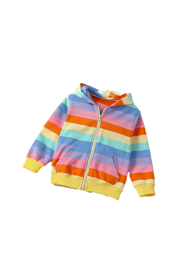 Toddler Spring New Girls Cute Zipper Pocket Rainbow Strip Hooded Jacket Breathable Baby Child Daliywear 3-4 Years