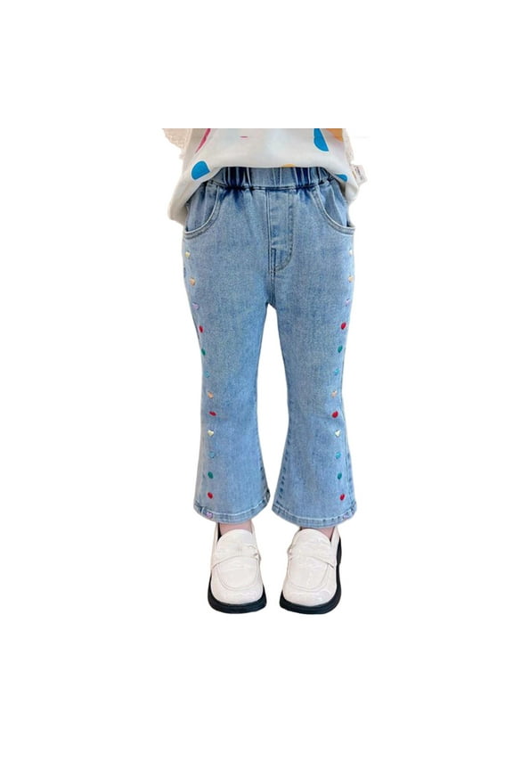 Toddler Summer Autumn Girls Baby Stretch Waist Themed Embroidery Slim Fit Flared Jeans Trousers Denim Pants Long Pants Comfort 3-4Y