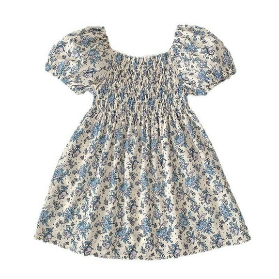 TAIAOJING Toddler Summer Baby Girls Square Neck Short Sleeve Floral Print Full Pattern Sleeve Wrap Around Dress For Style Girls Set Of Dresses Breathable 5-6Y