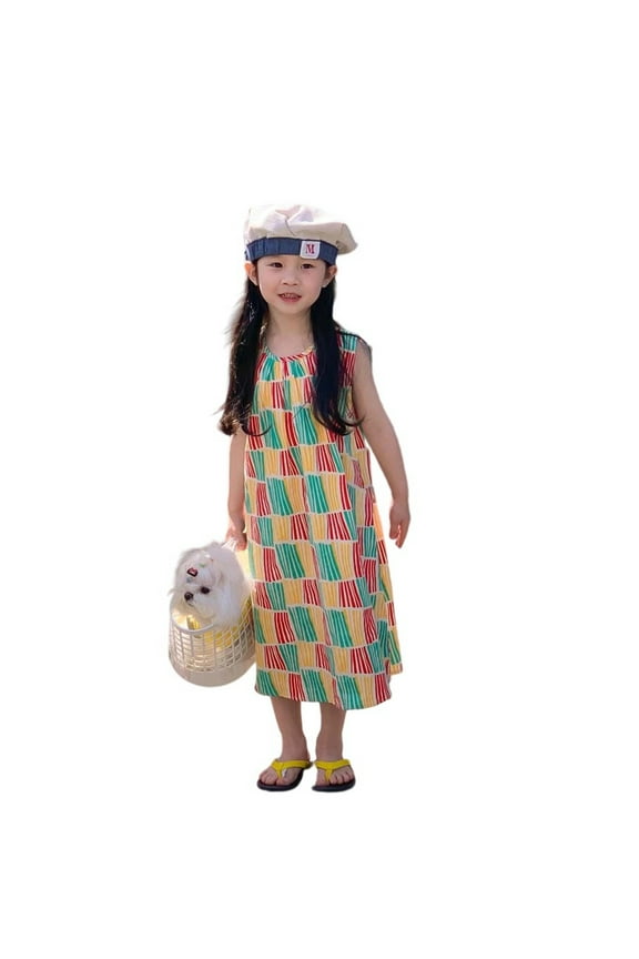 Toddler Summer Girl Sibling Outfits Sets: O-Neck Color Vertical Stripes Loose Sleeveless Dress With A Flowing Skirt Trendy 11-12Y