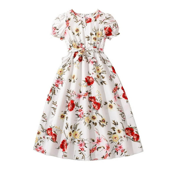 TAIAOJING Toddler Summer Girls Fashion Floral Print Flared Skirt Long Dress Big Kids Slim Fit Casual Outfits Sets Classic 7-8Y