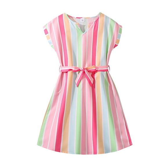 TAIAOJING Toddler Summer Girls V-Neck Fashion Colorful Stripes Printed Short Sleeve Curved Waist Flowy Dress Cute 9-10Y