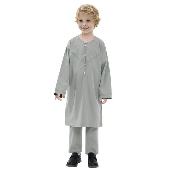 TAIAOJING Toddler Summer Outfits for Boy's Arabic Kaftan Set Long Sleeve Solid Color Robe Suit Thobe Teenage Boys Embroidered Robe Suit 5-6 Years