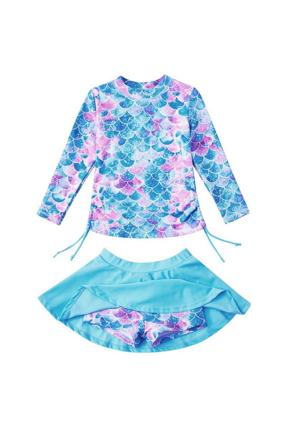 Toddler Swimwear Girls Swimwear Two Piece Long Sleeve Swimsuit Summer Pool Hawaii Tropical Beachwear Sets For Girls 3-10Years Old Trendy 5-6Y