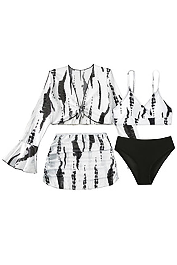 Toddler Teen Girls Allover Print Bikini Swim Wear Set With Flounce Sleeve Cover Up Set Summer Beach Relaxed Fit 10-11Y
