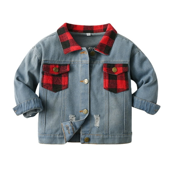 TAIAOJING Unisex Boys Girls Lined Button Down Denim Jacket Toddler Boys Girls Windproof Plaid Patchwork Denim Coat Kids Warm Fall Winter Warm Outerwear 18-24 Months