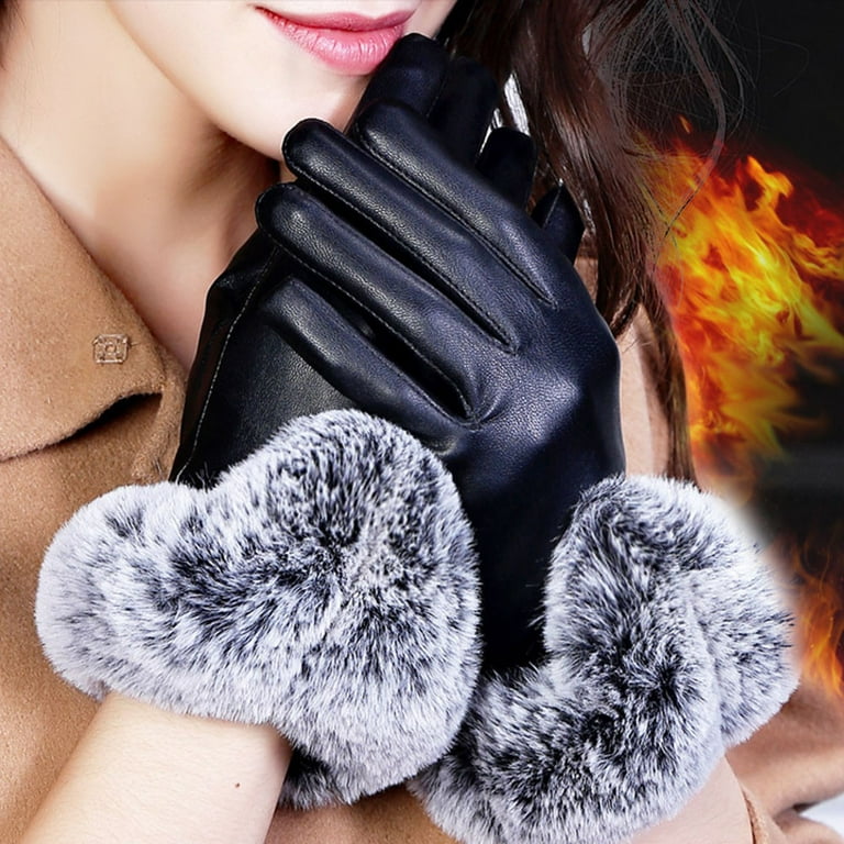 TAIAOJING Winter Gloves for Women & Men Lady Black Leather Gloves