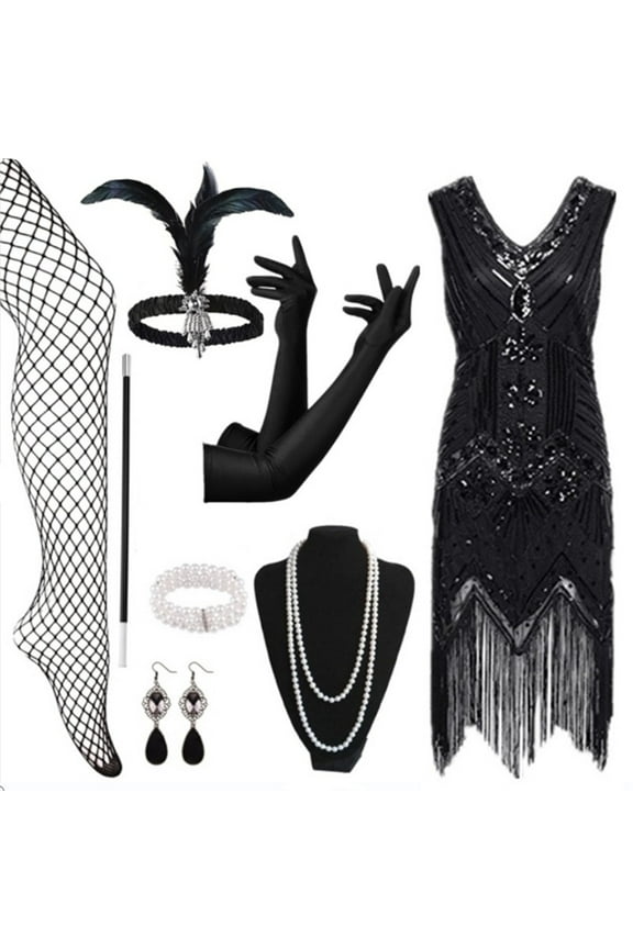 Women 1920s Flapper Dress Vintage Lace Fringed Dress With 20s Accessories Set