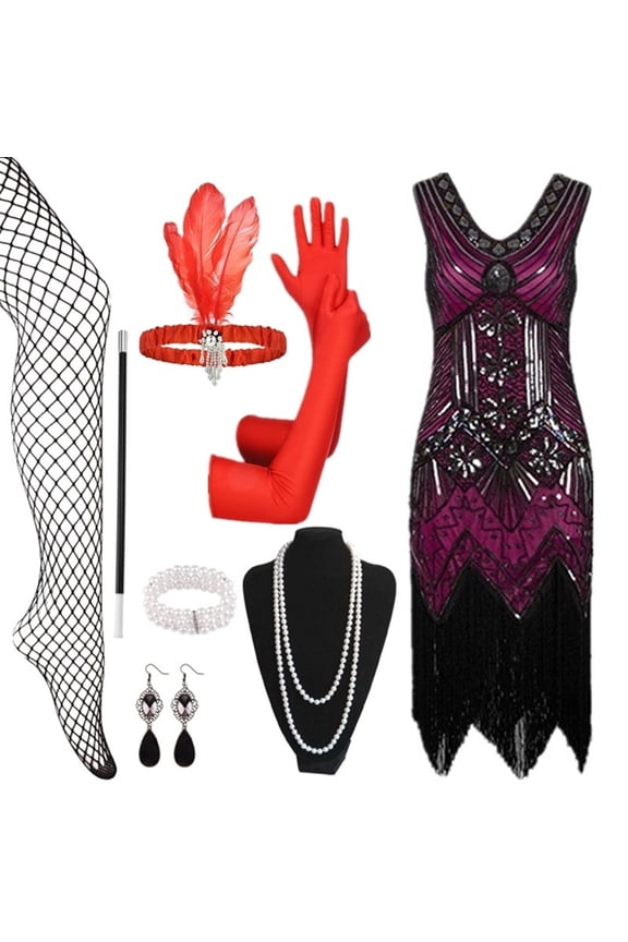 Women 1920s Flapper Dress Vintage Lace Fringed Dress With 20s Accessories Set