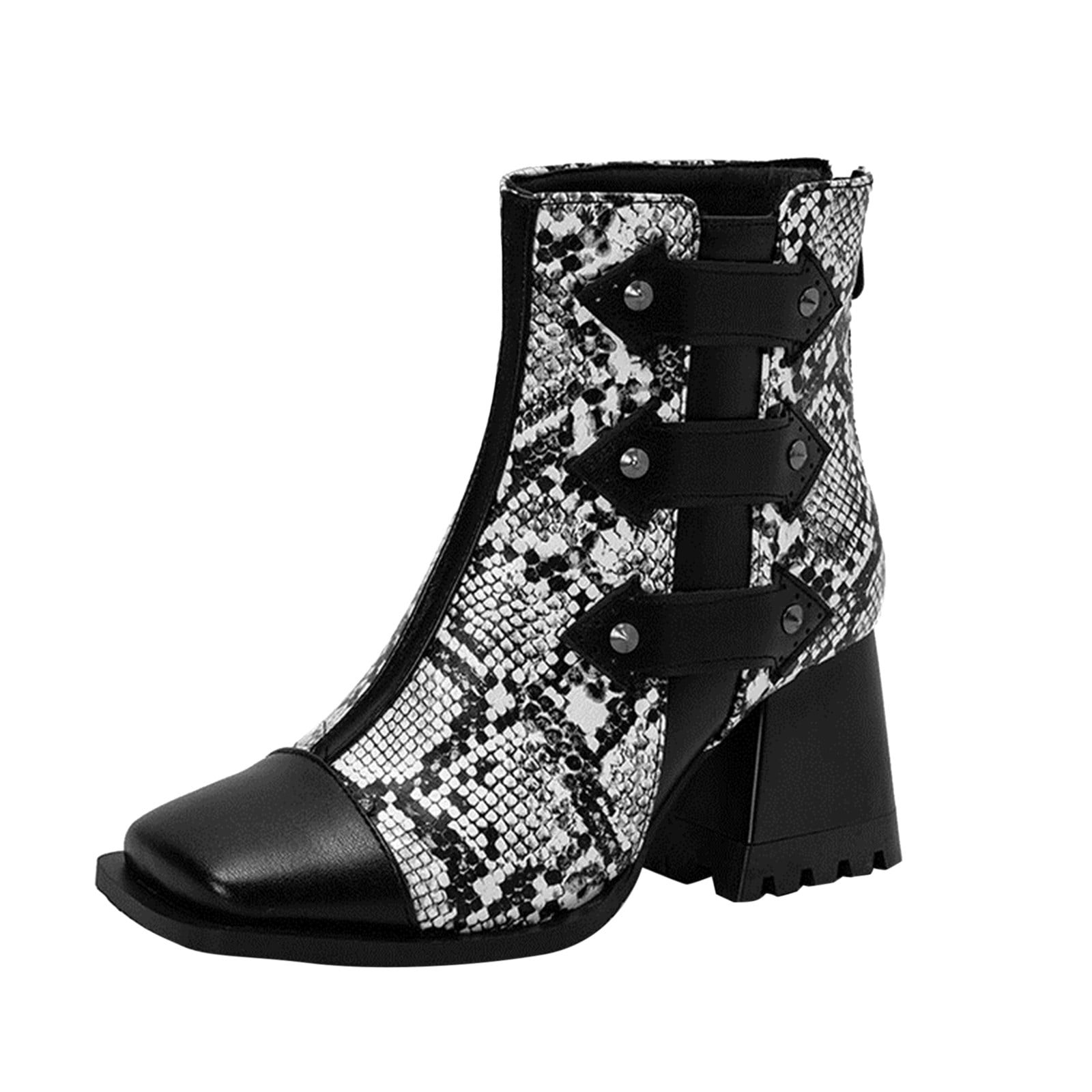 TAIAOJING Women Boots Ladies Fashion Colorblock Snake Print Square Toe Back Zip High Heel