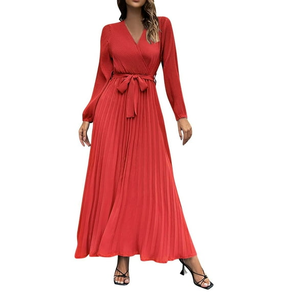 TAIAOJING Women Casual Long Sleeve Dresses Autumn And Winter V Neck Dress Pleated A Line Dress In The Long Dress