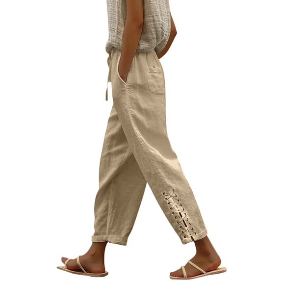 TAIAOJING Women Cotton Line Striaght Pants High Waist Pants Drawstring Capri Pants With Pockets Wide Leg Cropped Pants