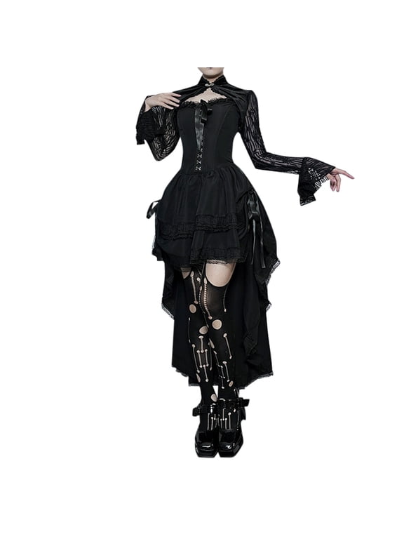 Women Dark Style Short Front And Long Back Slim Gothic Belted Strappy Backless Dress
