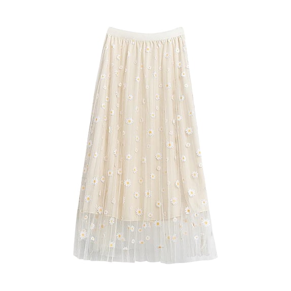 TAIAOJING Women Floral Pleated Mesh Overlay Elastic Waist Big Swing A-LineTulle Skirt