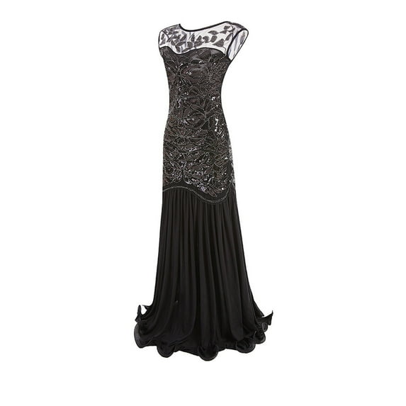 TAIAOJING Women Floral Print Dress Vintage 1920s Sequin Beaded Tassels Party Night Hem Flapper Gown Dresses Vestidos
