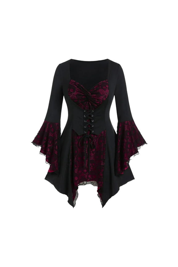 Women Gothic 3/4 Sleeve Tops V-Neck Ruched Flare Sleeves Mesh Lace Up Tunic Retro Petite Blouse