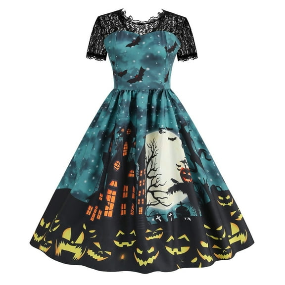 TAIAOJING Women Hallowmas Lace Round Neck Short Sleeve Printed Large Swing Dress