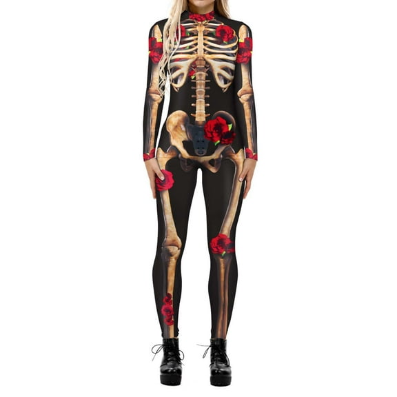 TAIAOJING Women Hallowmas Tight Jumpsuit Party Casual Graphic Print Long Sleeved Onesie