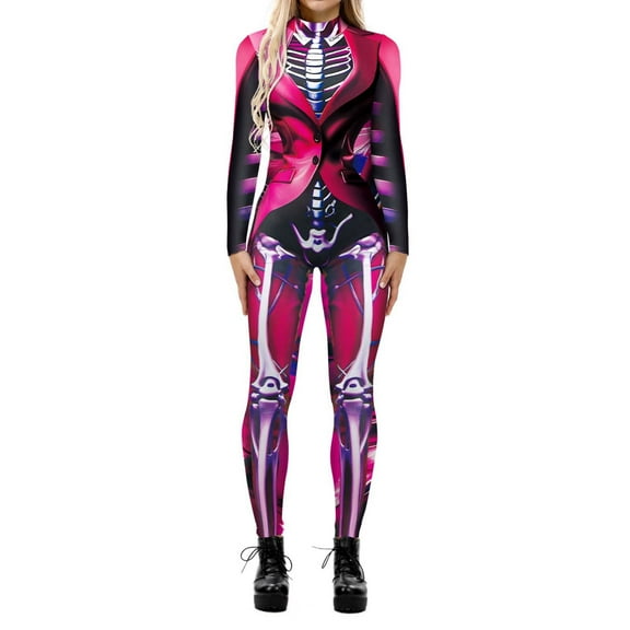 TAIAOJING Women Hallowmas Tight Jumpsuit Party Casual Graphic Print Long Sleeved Onesie